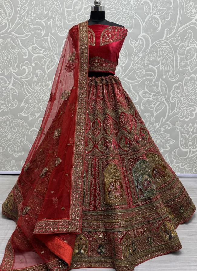 Velvet Red Bridal Wear Embroidery Work Lehenga Choli